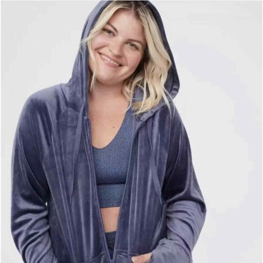 EUC Womens Aerie velour velvet full zip jacket blue oversized size XXL